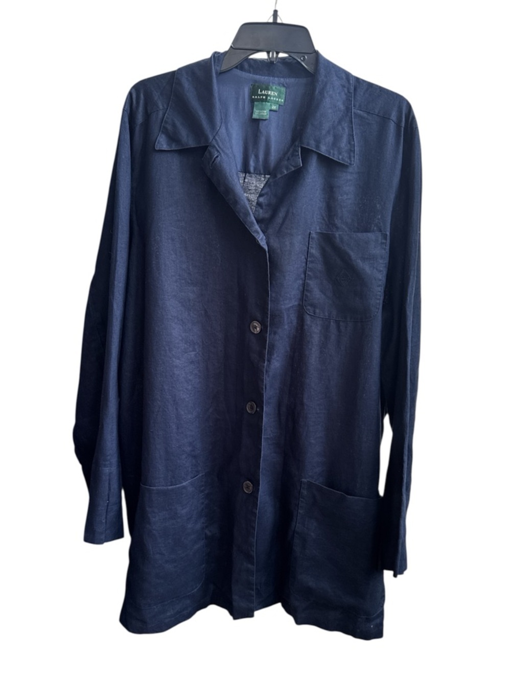 Vintage 90s Lauren Ralph Lauren Shirt Jacket Navy Blue Linen Long Line Cuffed 2X